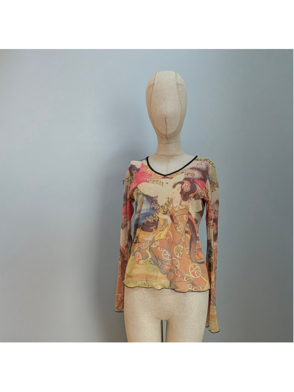 Clio Vintage Y2K Mesh Geisha Graphic Made in USA Sheer Tattoo Print Top - Medium - Picture 2 of 10